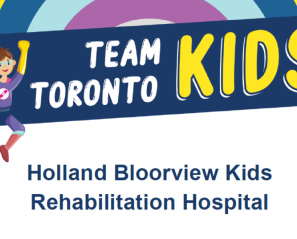 A cartoon image of a child in a cape sits to the right of a blue banner reading Team Toronto Kids.