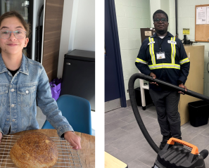 Banner of two photos: Annie (left) and Isaiah (right) smiling at work.