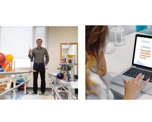 Left photo: an adult standing to show some equipments in a room. Right photo: a adult using a laptop computer