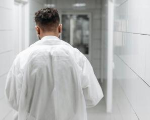 Man in white doctor's coat walks down hospital hall