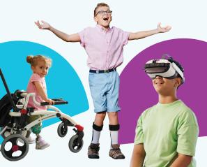 graphic of children, one in a mobility device, one wearing a VR headset and one with arms raised