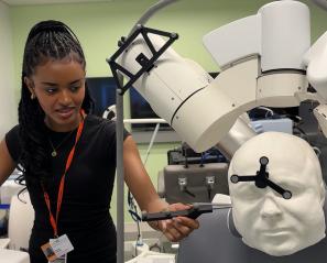 Female student demonstrates the transcranial magnetic stimulation technology