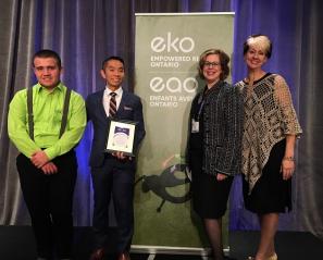 (L to R) Liam, Holland Bloorview ambassador; Stewart Wong, vice president, communications, marketing and advocacy at Holland Bloorview; Penny Smiley, chair of Empowered Kids Ontario; Jennifer Churchill, Chief Executive Officer of Empowered Kids Ontario