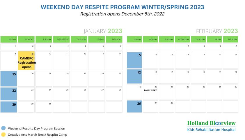 Calendar showing dates available for Weekend Respite Day Program on January 15, 22, 29, February 5, 12, 26