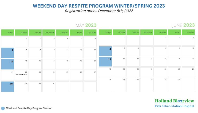 Calendar showing dates available for Weekend Respite Day Program on May 7, 14, 28, June 4, 11