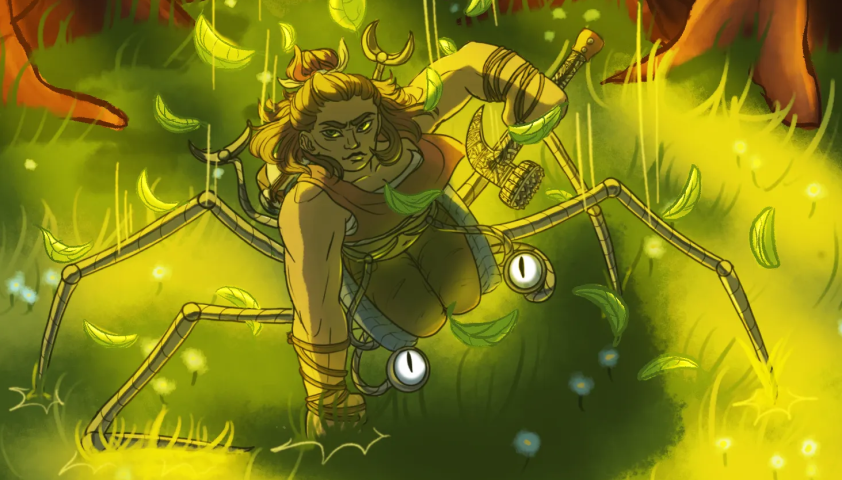 A hill dwarf character who is paralyzed from the waist down. She is traveling through a forest.