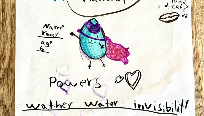 A child's drawing of a water droplet wearing a superhero cape.