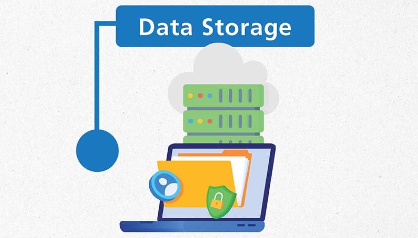 a graphic of a medical record being stored on a computer server with a caption above saying, data storage