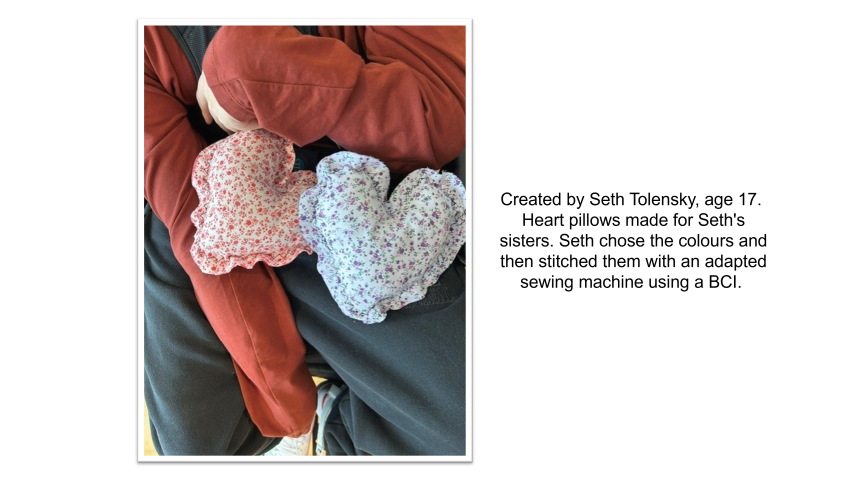 Created by Seth Tolensky, age 17. Heart pillows made for Seth's sisters. Seth chose the colours and then stitched them with an adapted sewing machine using a BCI. The pillow on the left is made from red floral fabric, and the pillow on the right is made from blue and purple floral fabric.