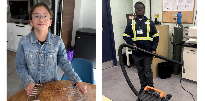 Banner of two photos: Annie (left) and Isaiah (right) smiling at work.