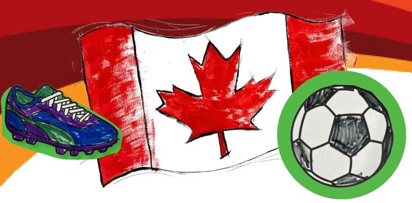 A drawing of Canada flag, a soccer boot and a soccer