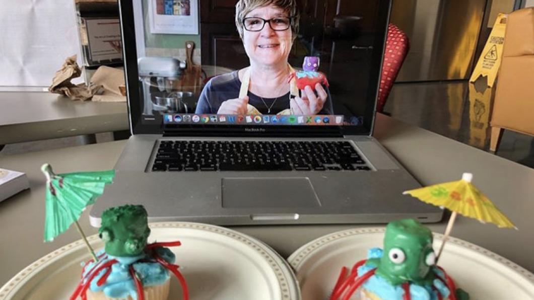 Ann Marie doing a virtual baking class. 