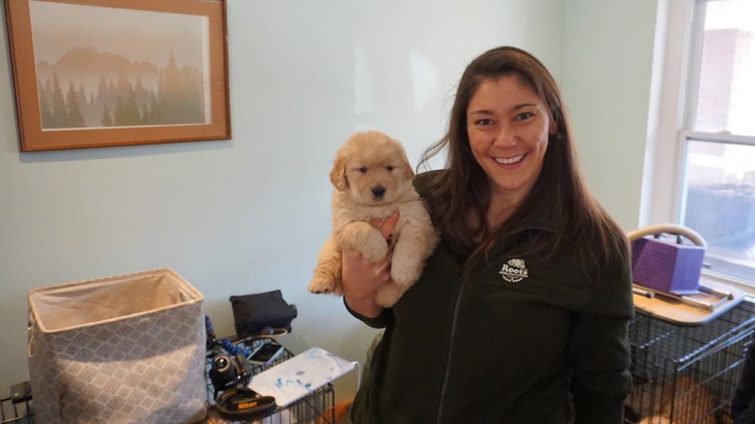 Young woman holding golden retriever puppy