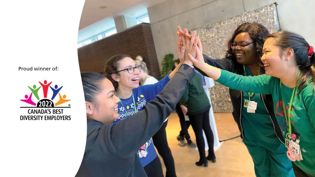 Image of staff and student high-fiving with Canada's Best Diversity Employer 2022 logo on left side of image