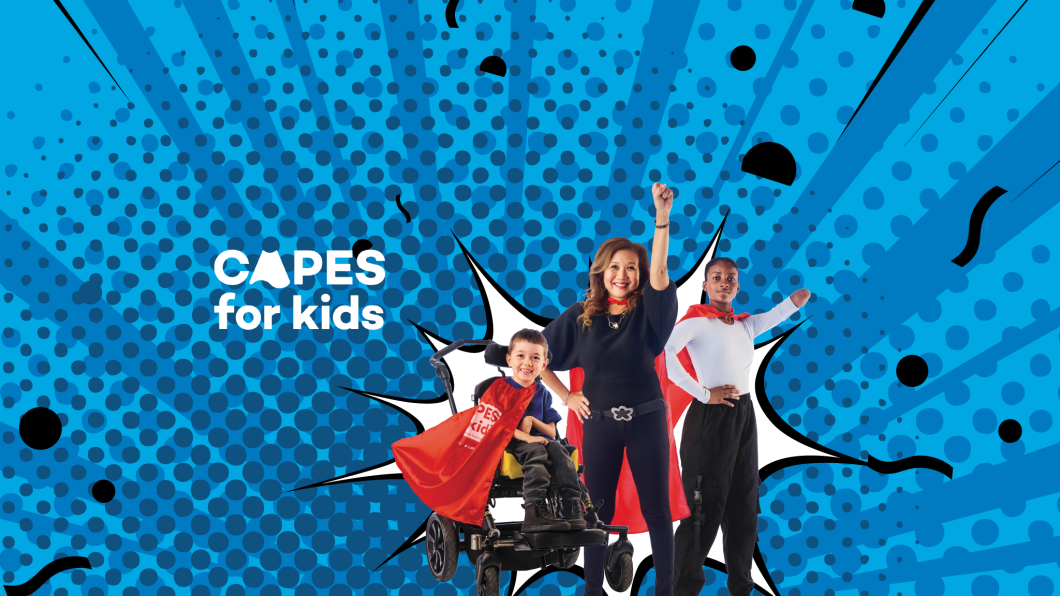 3 individuals wearing capes and pointing their fists to the air like superheroes. This is on a blue background with the Capes for Kids logo in the top left corner.
