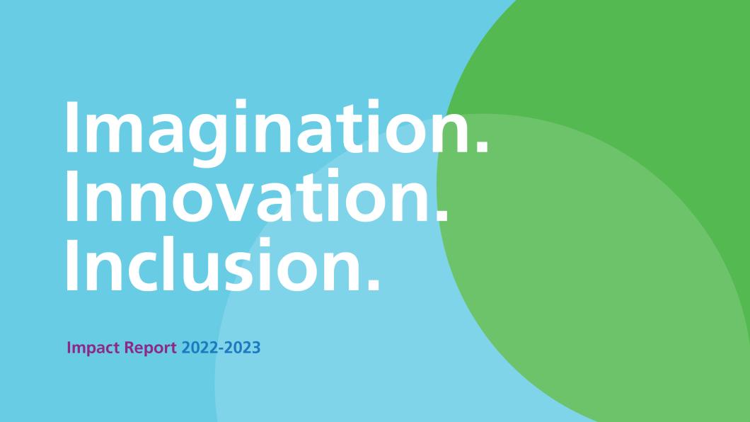 White text reading, "Imagination. Innovation. Inclusion." featured on a blue and green background