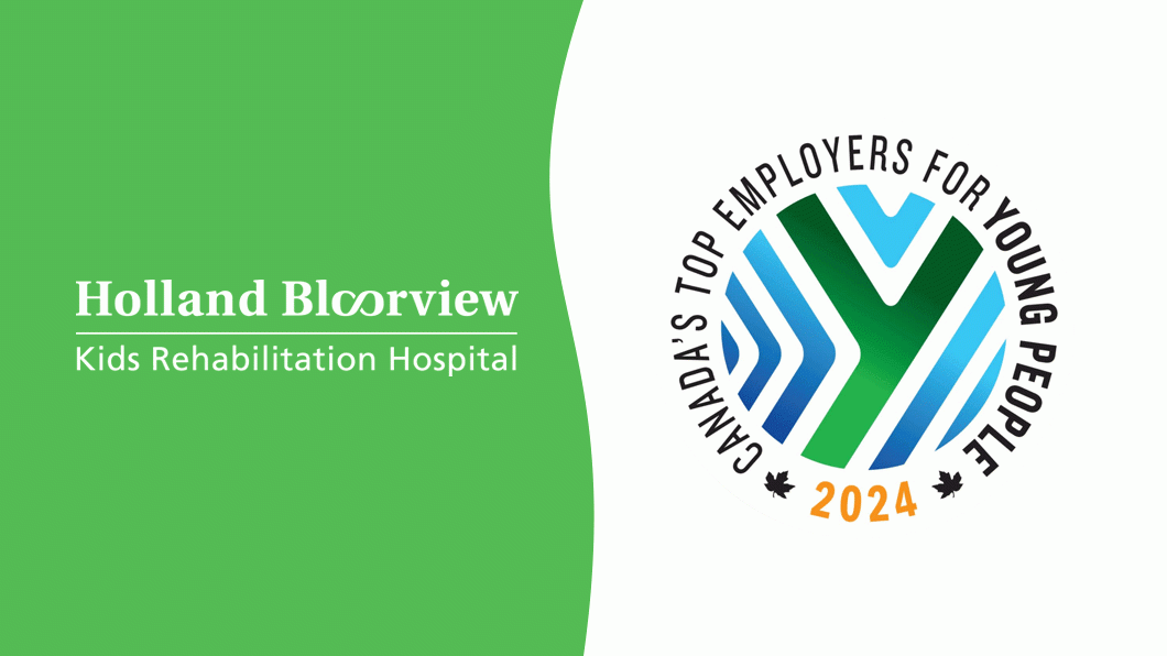 Holland Bloorview logo on the left with green background, Canada’s top employers for young people logo on the right