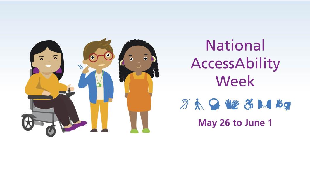 Illustration of some children on the left, and the accessibility week information on the right