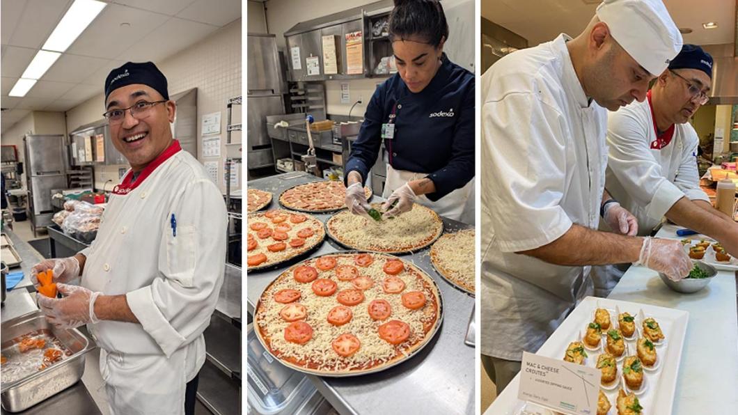 A collage of 3 photos. Left photo: a chef with smile on, preparing some food. Centre photo: a chef preparing some pizza. Right photo: two chefs preparing some finger food.