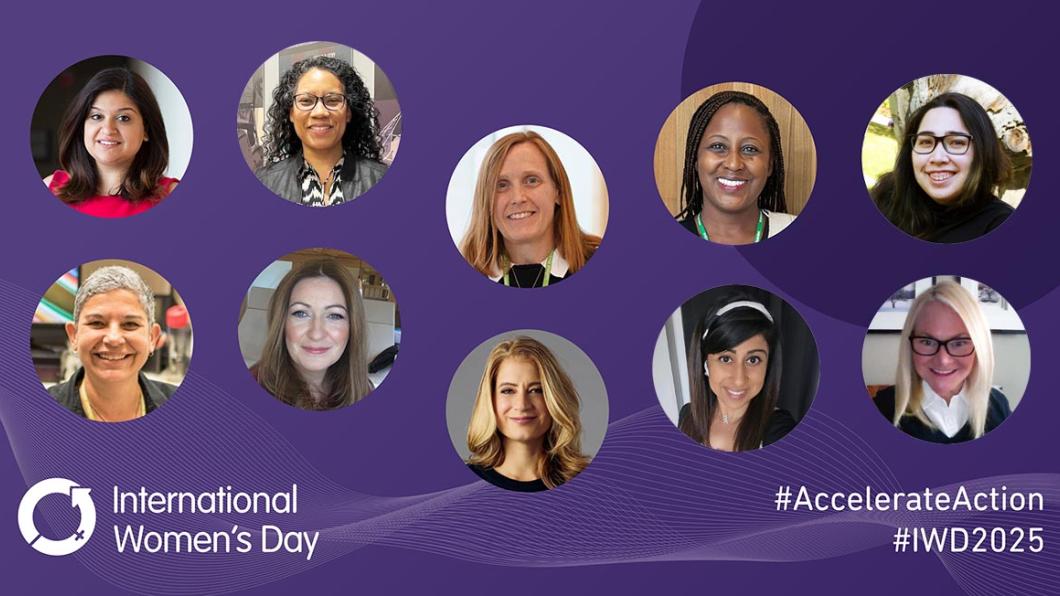 Photos collage of ten adults with purple background and International Women's Day logo to the bottom left hand side