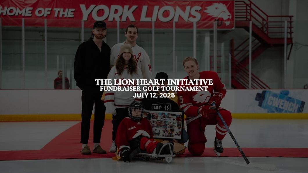 The Lion Heart Initiative Fundraiser Golf Tournament July 12, 2025. In the faded background are 2 male hockey players standing on the ice with a young boy in a hockey sled, his dad, a young man and a young girl standing beside him.
