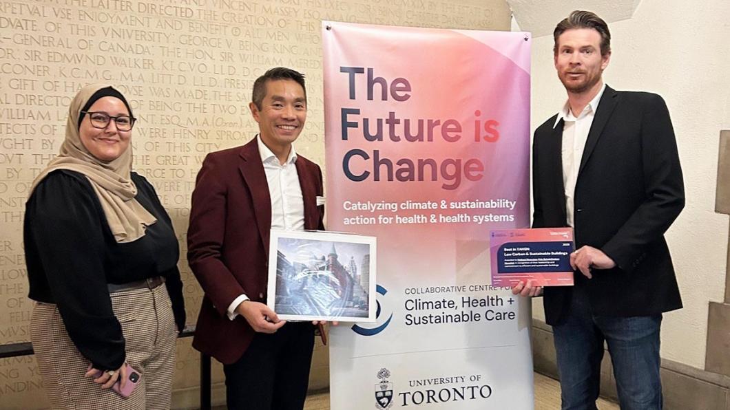 Haneen Al-khasawneh, strategy implementation lead, communications and strategy; Stewart Wong, vice president, strategy, communications and sustainability; and Michael Craven, director, facilities management