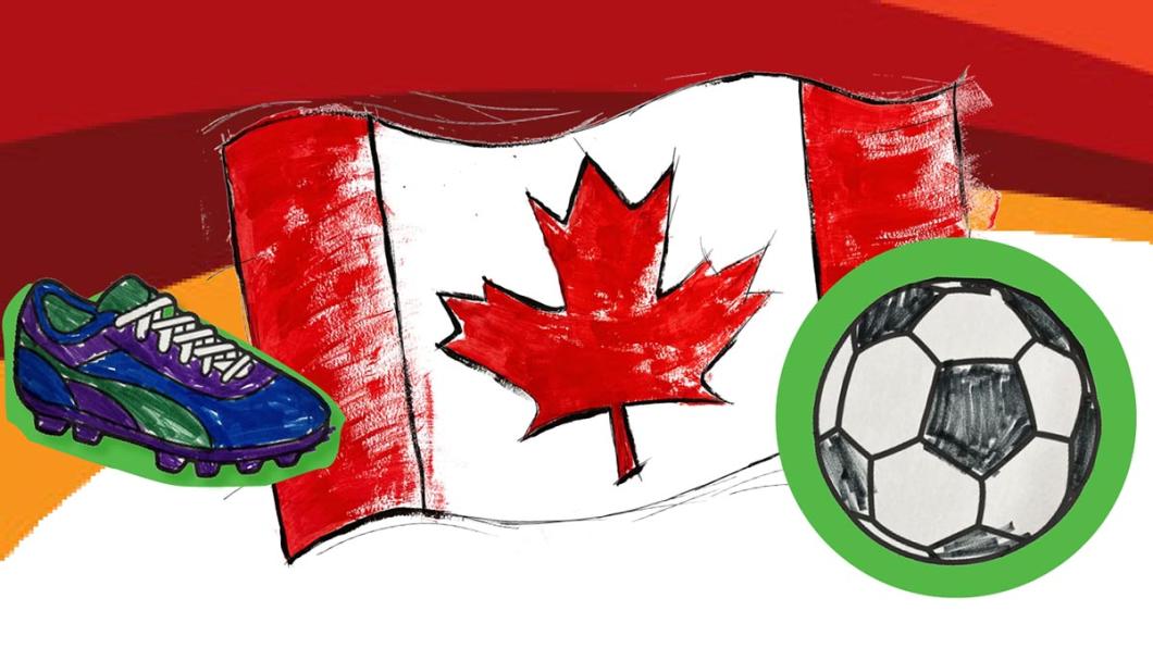 A drawing of Canada flag, a soccer boot and a soccer