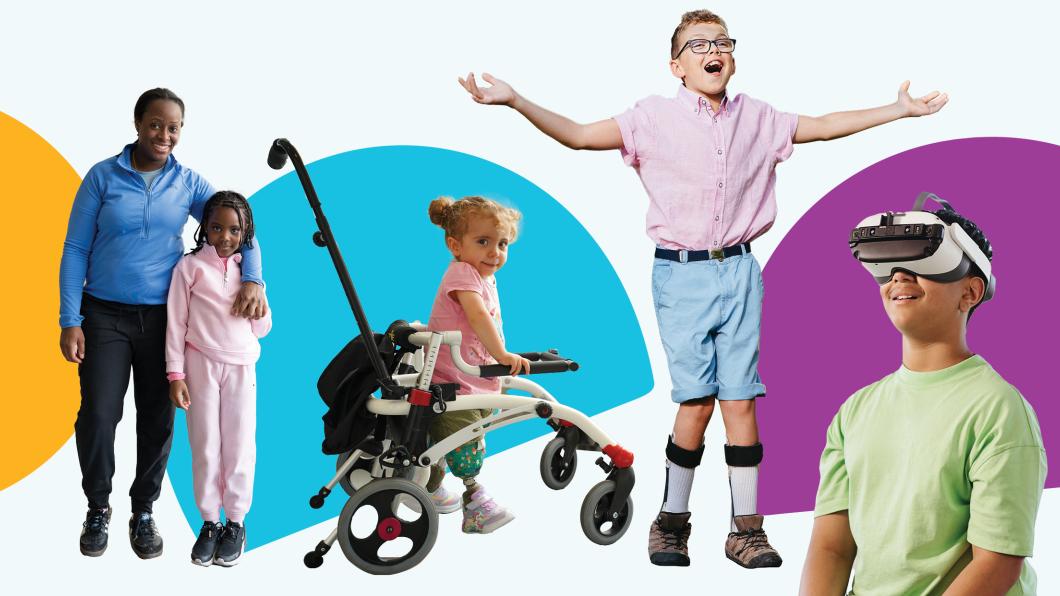 graphic of children, one in a mobility device, one wearing a VR headset and one with arms raised