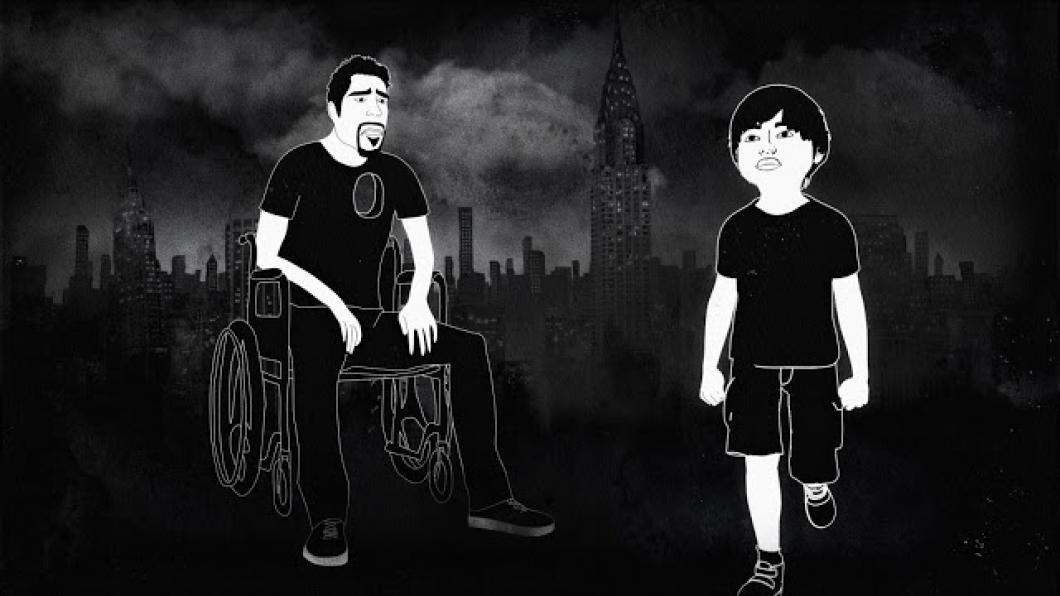 Sketch of man in a wheelchair and a boy walking near it