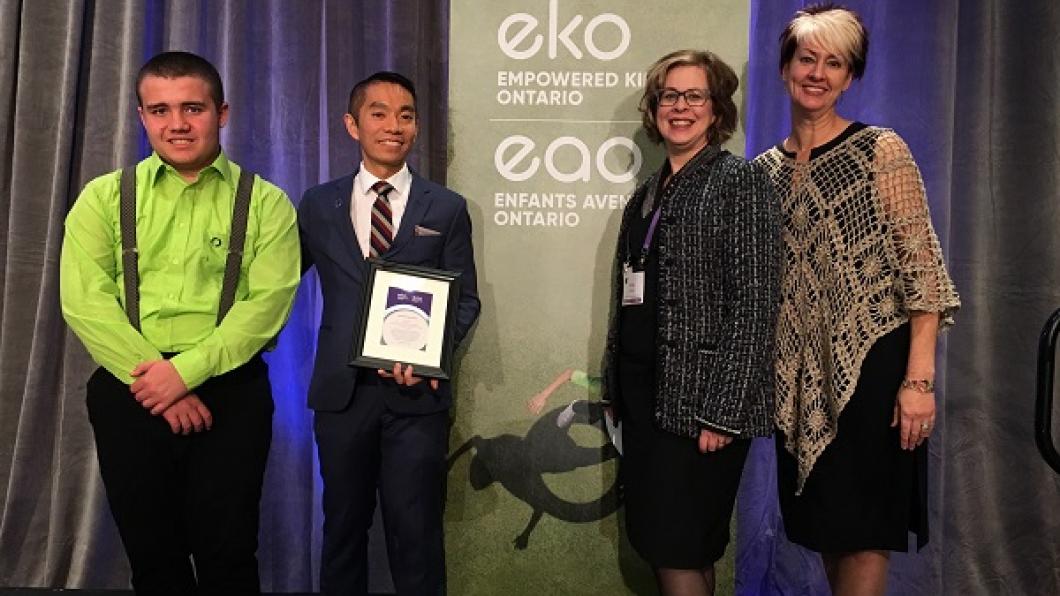 (L to R) Liam, Holland Bloorview ambassador; Stewart Wong, vice president, communications, marketing and advocacy at Holland Bloorview; Penny Smiley, chair of Empowered Kids Ontario; Jennifer Churchill, Chief Executive Officer of Empowered Kids Ontario