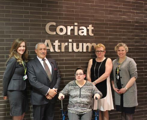From left, Sandra Hawken, president and CEO of Holland Bloorview Foundation; David Coriat; Jessica Coriat; Lynn Coriat; Julia Hanigsberg, president and CEO of Holland Bloorview Kids Rehabilitation Hospital.