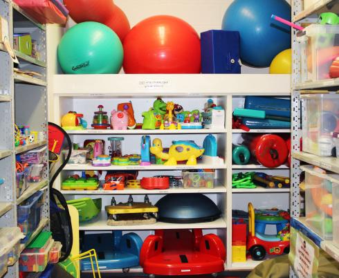 A toy-filled storage room. 