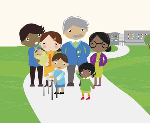 Cartoon of staff, clients, and families outside Holland Bloorview