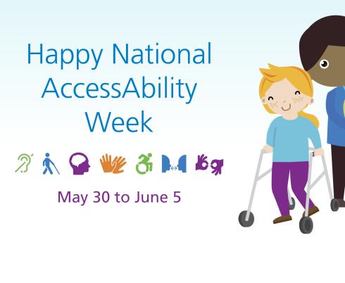 Happy National Accessibility Week! Cartoon kids and families on a light blue background.