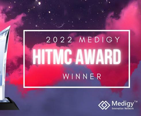 Pink and blue clouds surround a logo reading 2022 Medigy HITMC Award Winner 