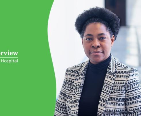 A green and white Holland Bloorview logo positioned next to an image of Dr. Sharon Smile