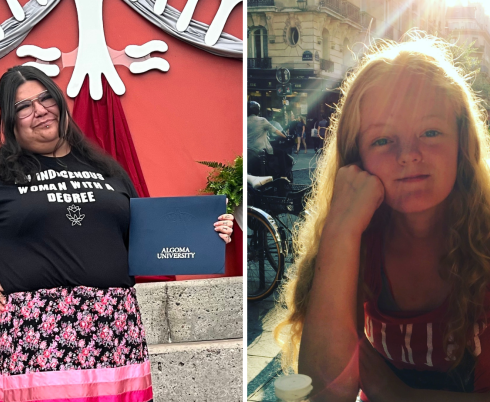 A young person with medium skin tone and long brown hair wearing a black t-shirt that reads, "An Indigenous woman with a degree." Beside them is a young person with light skin tone and long blonde hair. They are wearing a red and white tank top.