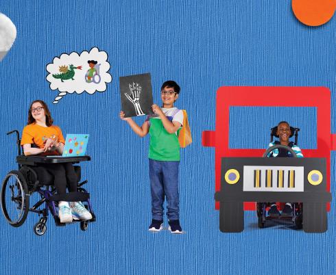 Three Imagine Everybody ambassadors, one of whom uses a wheelchair, stand against a blue background with clouds