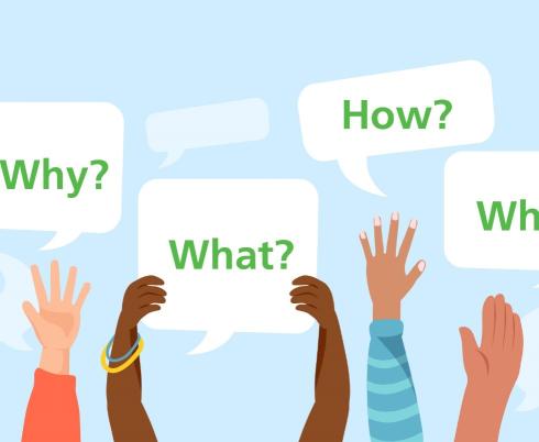 Cartoon hands hold up signs on a blue background listing why, what, how and who.