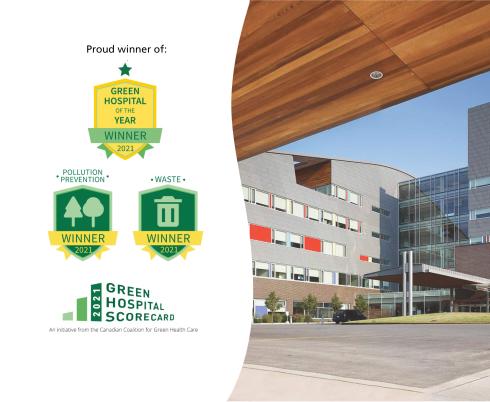 Three award logos next to an image of Holland Bloorview's exterior