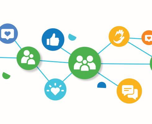 A series of circles connected by blue lines with graphics depicting smiley faces, people, thumbs up and hearts