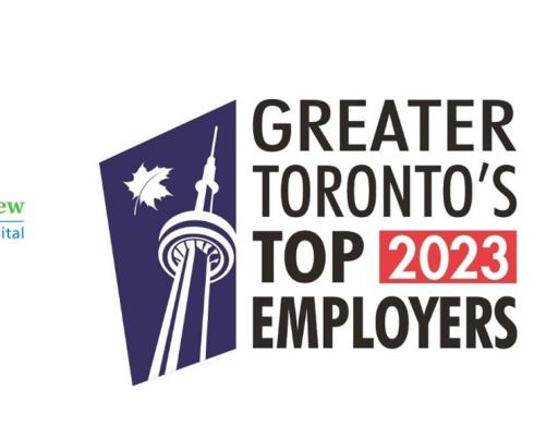 Greater Toronto's Top 2023 Employers graphic featuring the CN tower positioned next to the Holland Bloorview logo on white