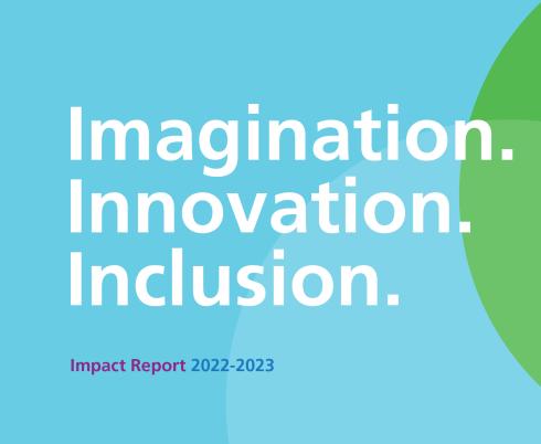White text reading, "Imagination. Innovation. Inclusion." featured on a blue and green background