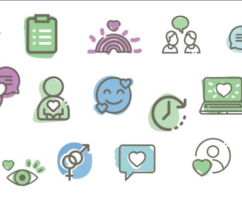 Several cartoon images of smiley faces, laptops, speech bubbles, hearts and more on a white background. 