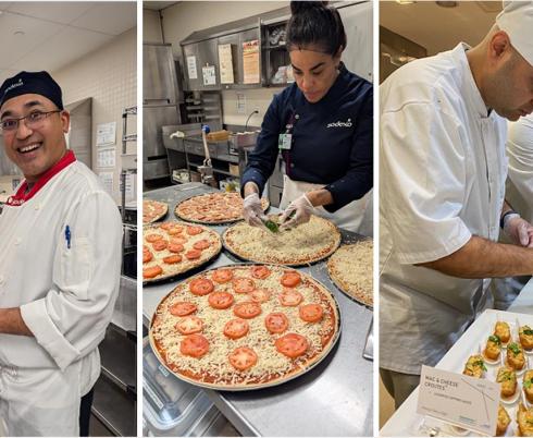 A collage of 3 photos. Left photo: a chef with smile on, preparing some food. Centre photo: a chef preparing some pizza. Right photo: two chefs preparing some finger food.