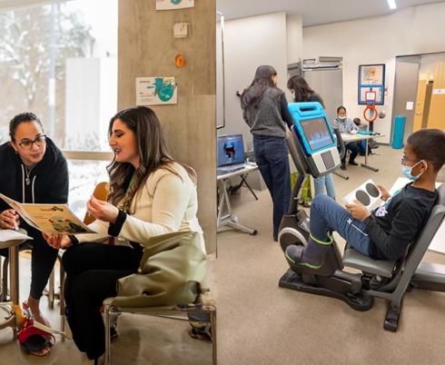 Left: 2 people in a meeting with a little child. Right: A child is using a machine to play.