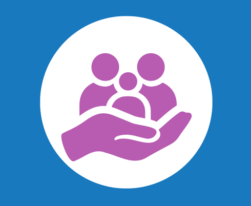 Blue background with an icon of a hand holding a family