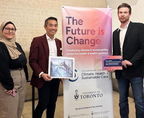 Haneen Al-khasawneh, strategy implementation lead, communications and strategy; Stewart Wong, vice president, strategy, communications and sustainability; and Michael Craven, director, facilities management