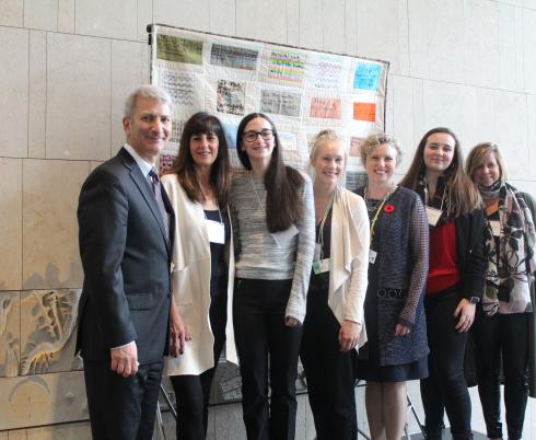 Photo: (L to R) Dr. Michael Apkon, President and CEO, The Hospital for Sick Children (SickKids); Shelley Berman, parent; Staci Berman, client; Susie Mallory, Get Up and Go Therapeutic Recreation Specialist; Julia Hanigsberg, President and CEO, Holland Bloorview Kids Rehabilitation Hospital; Lauryn Seguin, client; and Jodi Seguin, parent.