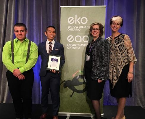 (L to R) Liam, Holland Bloorview ambassador; Stewart Wong, vice president, communications, marketing and advocacy at Holland Bloorview; Penny Smiley, chair of Empowered Kids Ontario; Jennifer Churchill, Chief Executive Officer of Empowered Kids Ontario